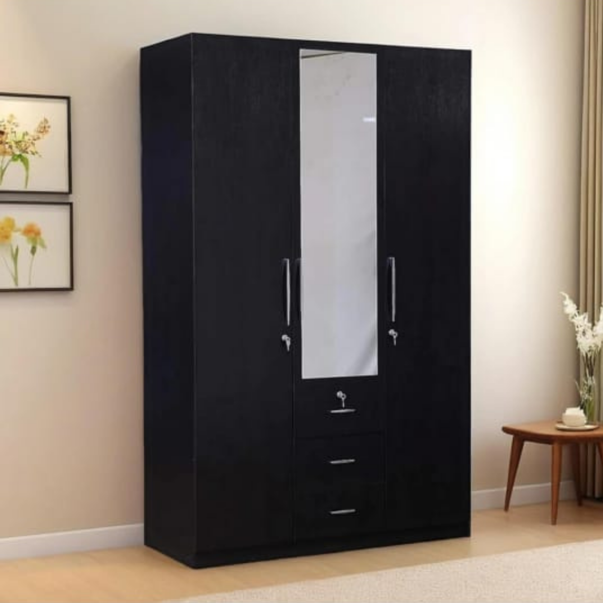 Almirah 3 Door With Mirror Dark Brown